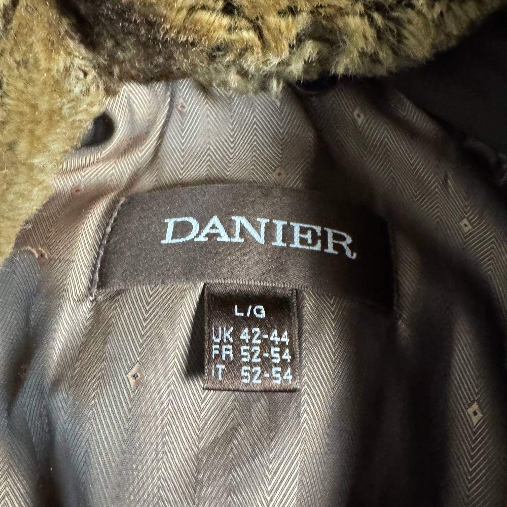 Danier Leather Car Coat Mens Large Brown Faux Fur Collar Double Layer Jacket - Picture 7 of 16